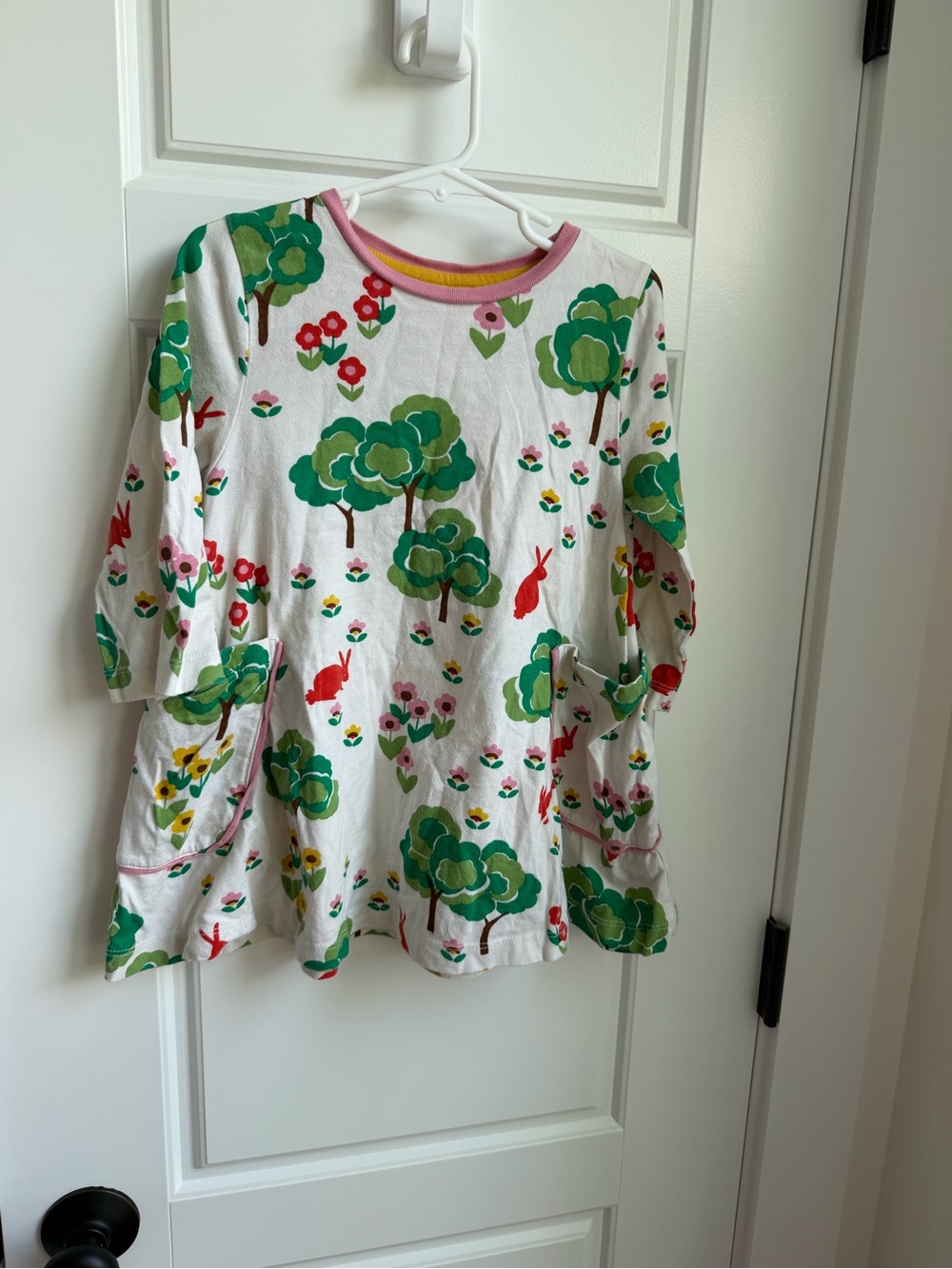 Mini Boden White Long Sleeve Tunic Top with Green Tree & Multicolor Floral Print